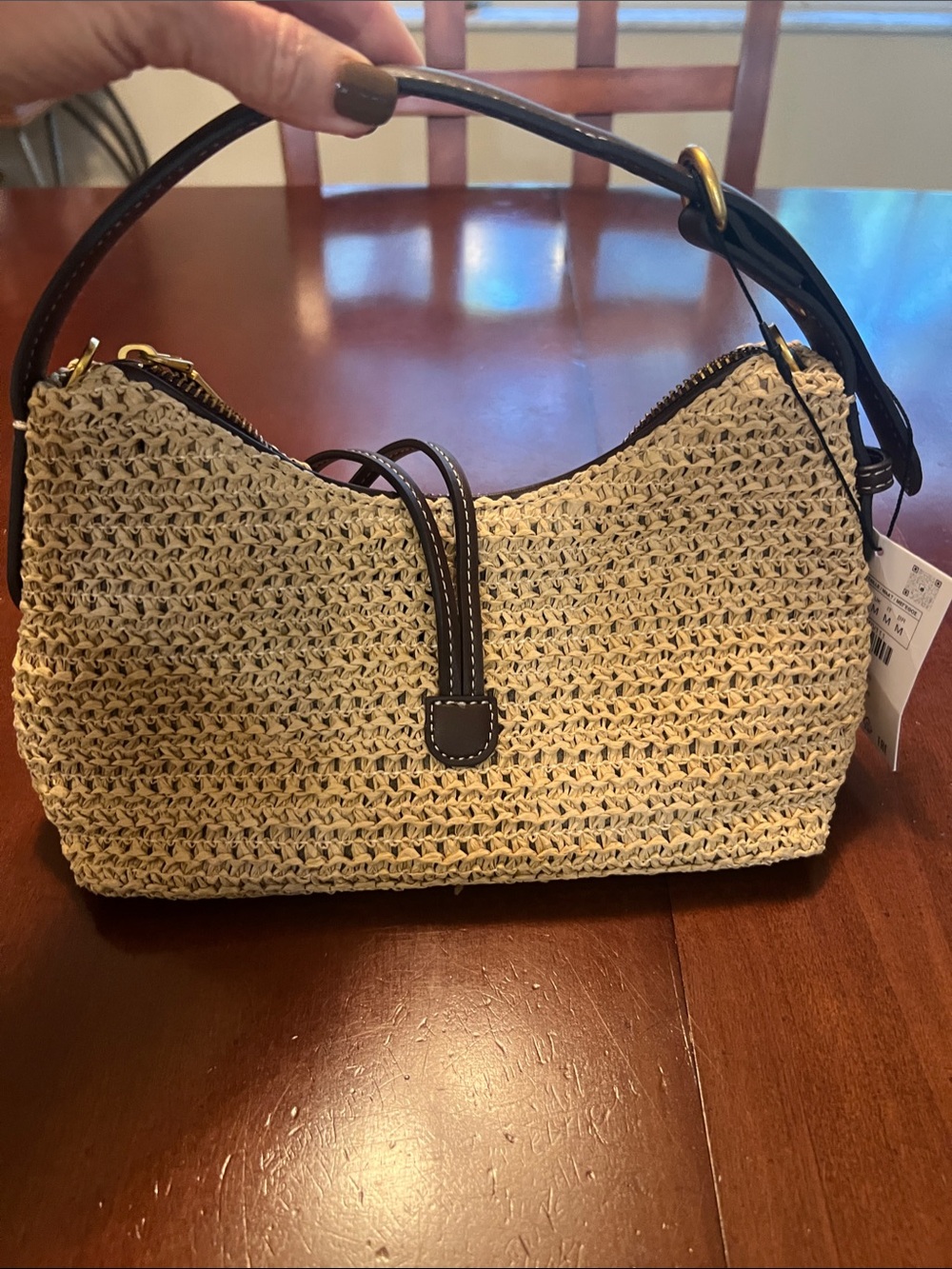 Zara NWT Woven Straw Shoulder Bag with Dark Brown Trim long strap included
